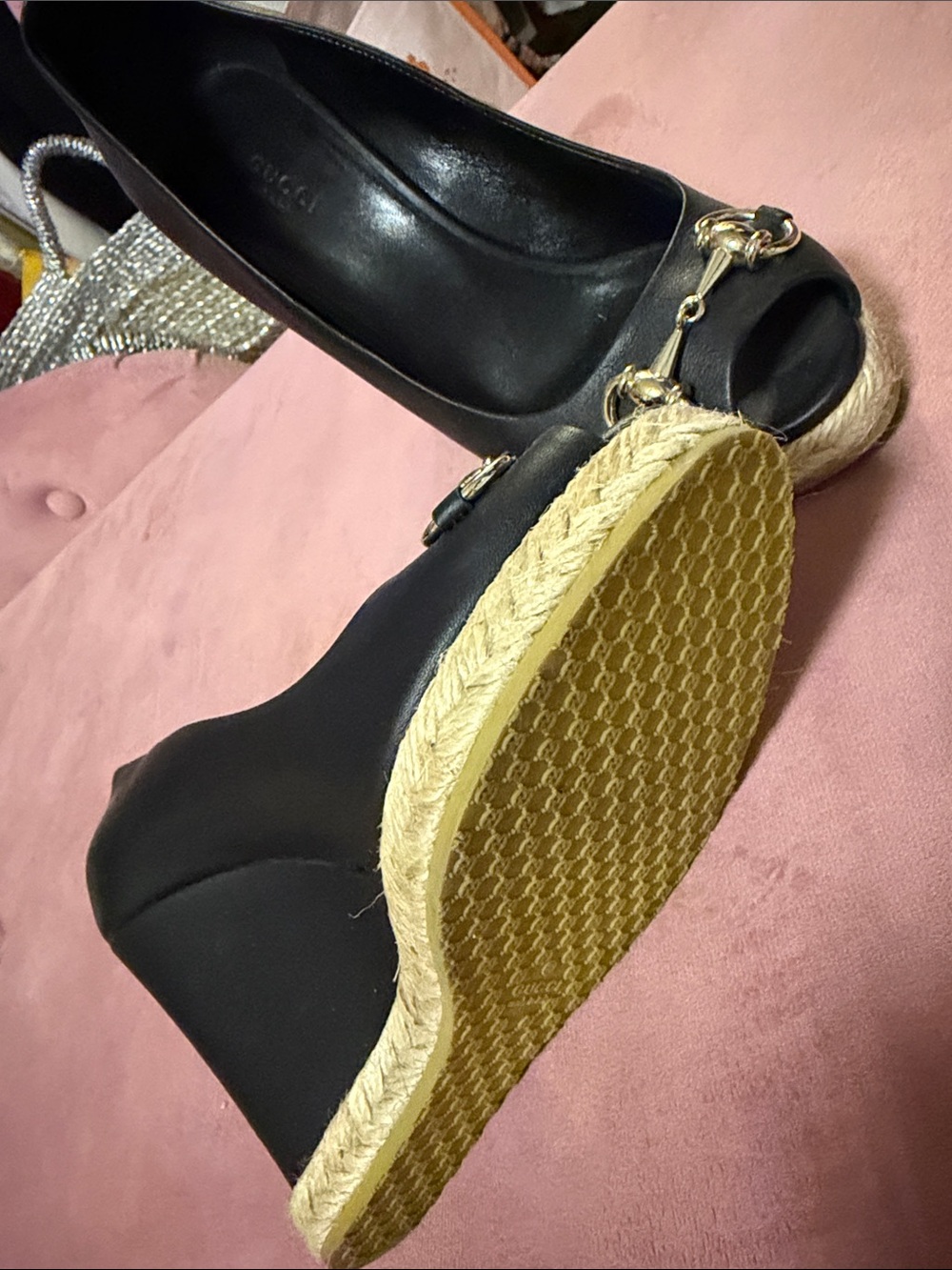 Gucci Black Leather Wedge Espadrilles with Gold Horsebit - Picture 4 of 6